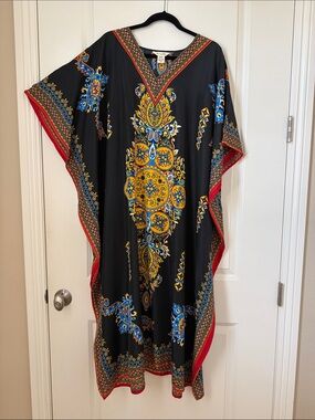 Bohemian Black Caftan Dress with Gold & Blue Medallion Print